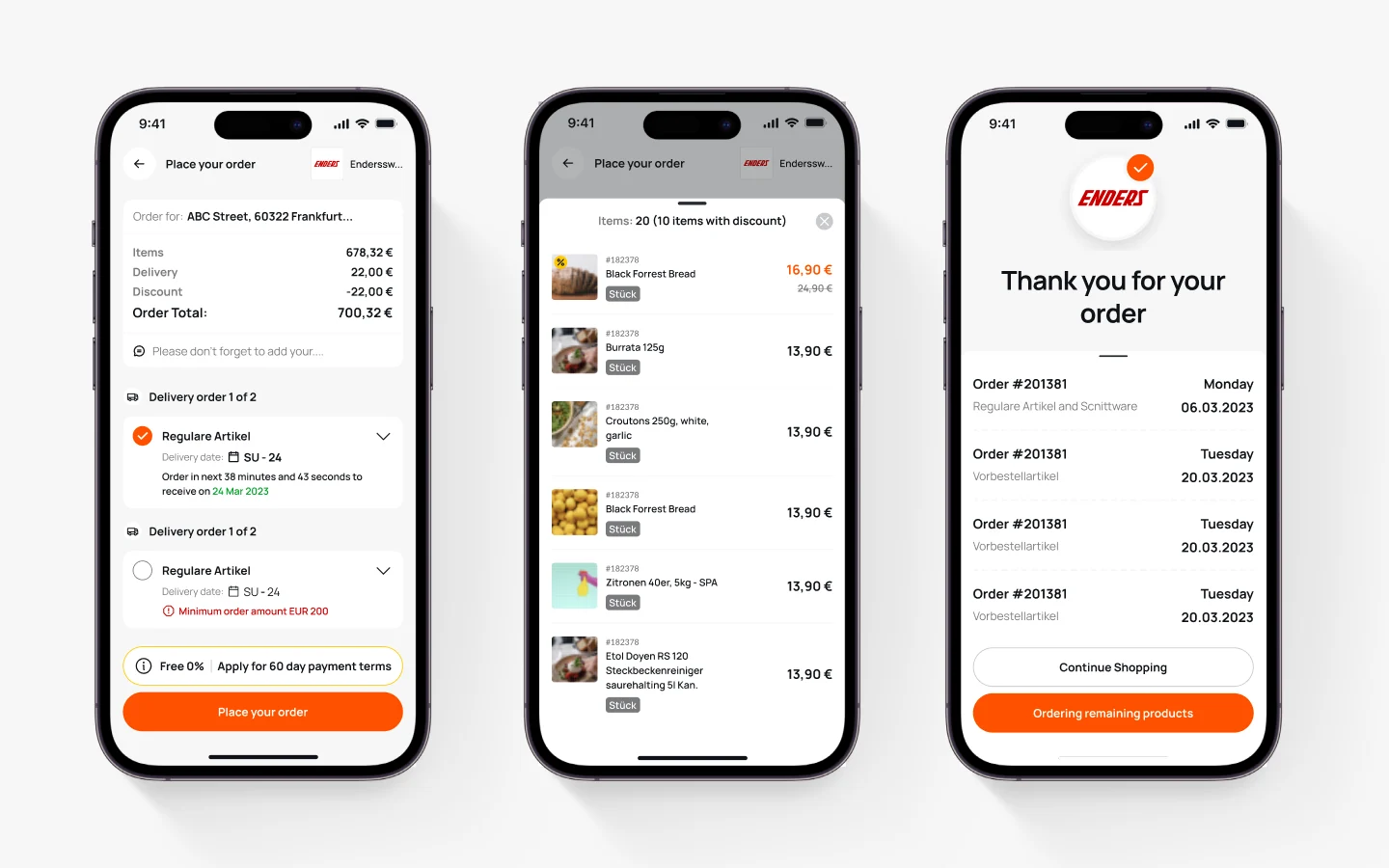 Mobile UI screens of Enders app showing checkout, delivery, and discount product selection.