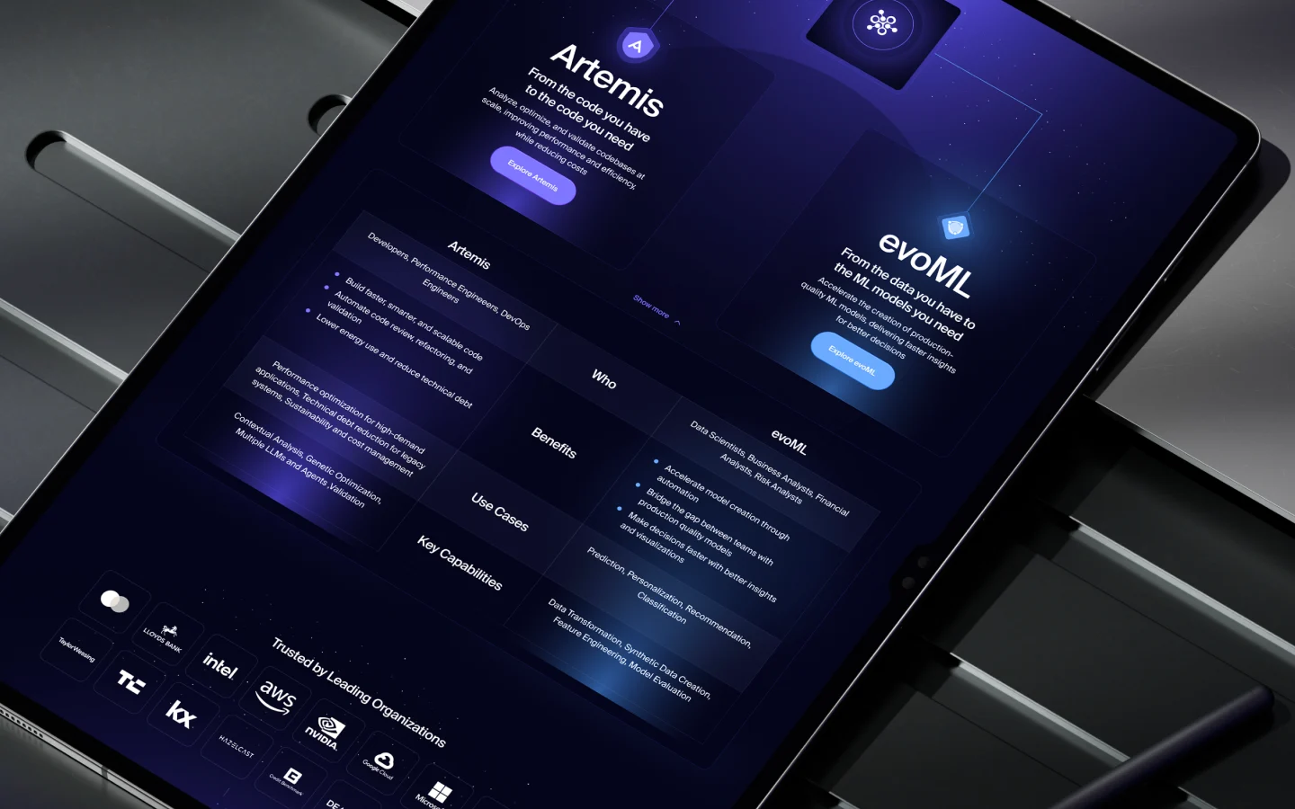 Dark-themed website interface featuring Artemis and evoML product sections with partner logos.