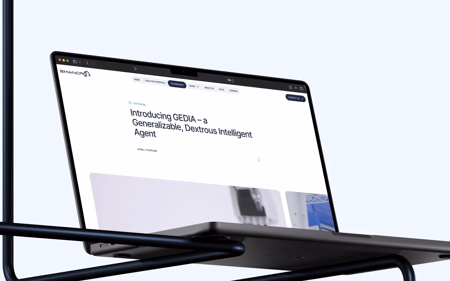 Laptop screen showcasing the Emancro website's product page for GEDIA robotic solution.
