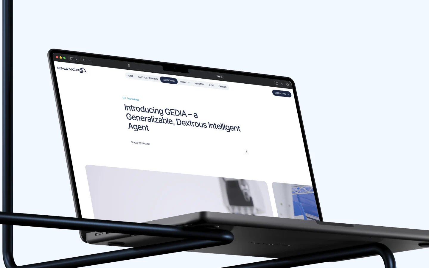 Laptop screen showcasing the Emancro website's product page for GEDIA robotic solution.