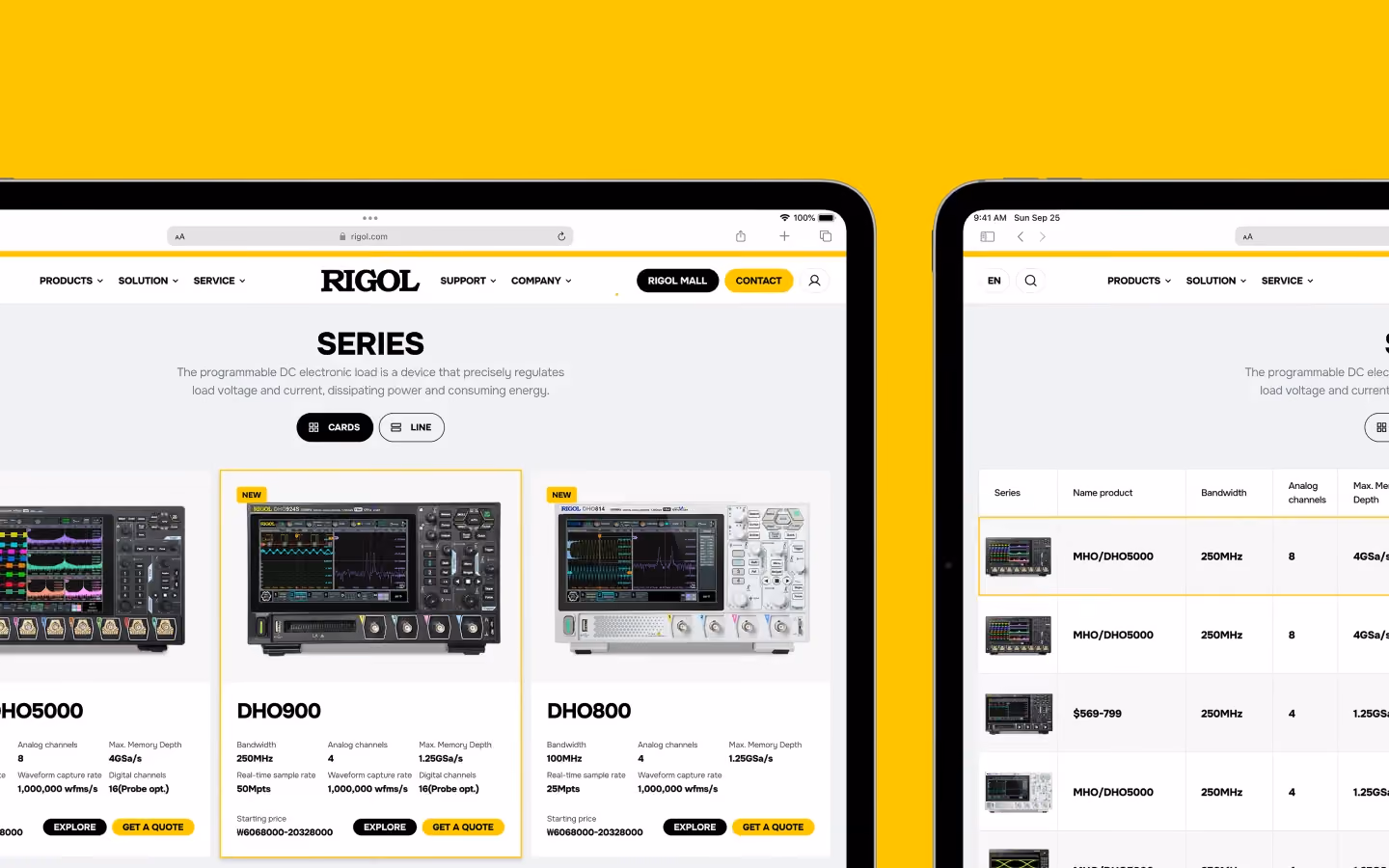 Rigol Mall e-commerce website with product listings in grid and list view formats.
