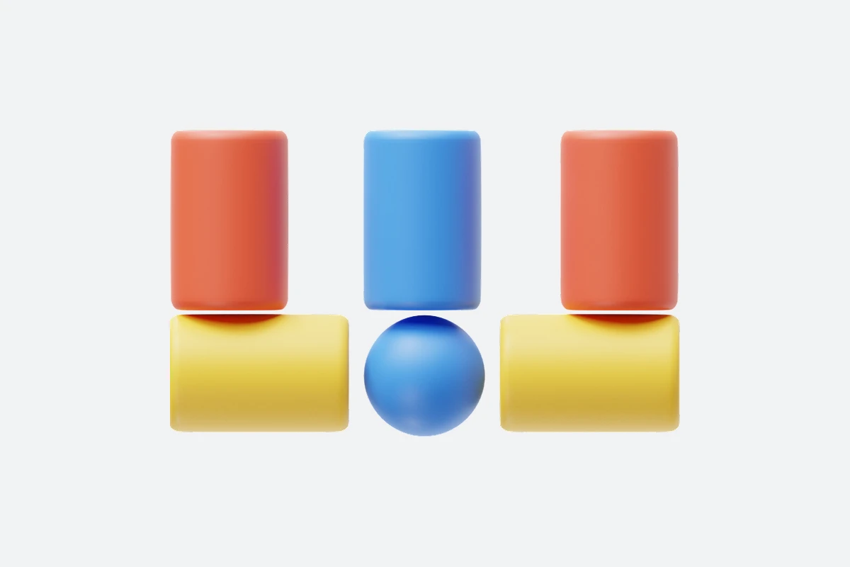 Stylized 3D blocks in red, blue, and yellow arranged symmetrically, resembling UI buttons or abstract digital interface elements.