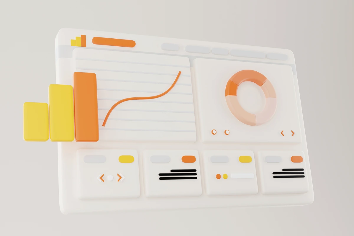 3D-style interface dashboard with charts and widgets in orange, yellow, and white tones, visualizing data and analytics.