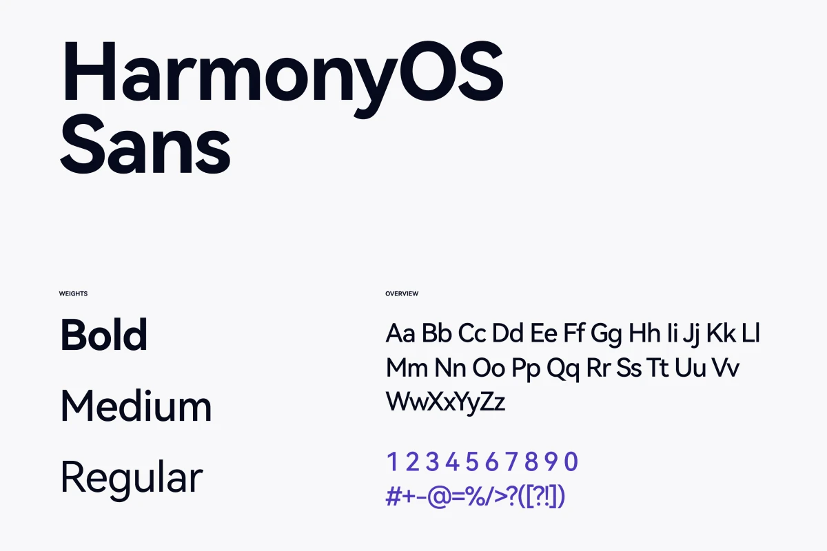 Font specimen of HarmonyOS Sans showcasing bold, medium, and regular weights with full alphabet and symbol set.