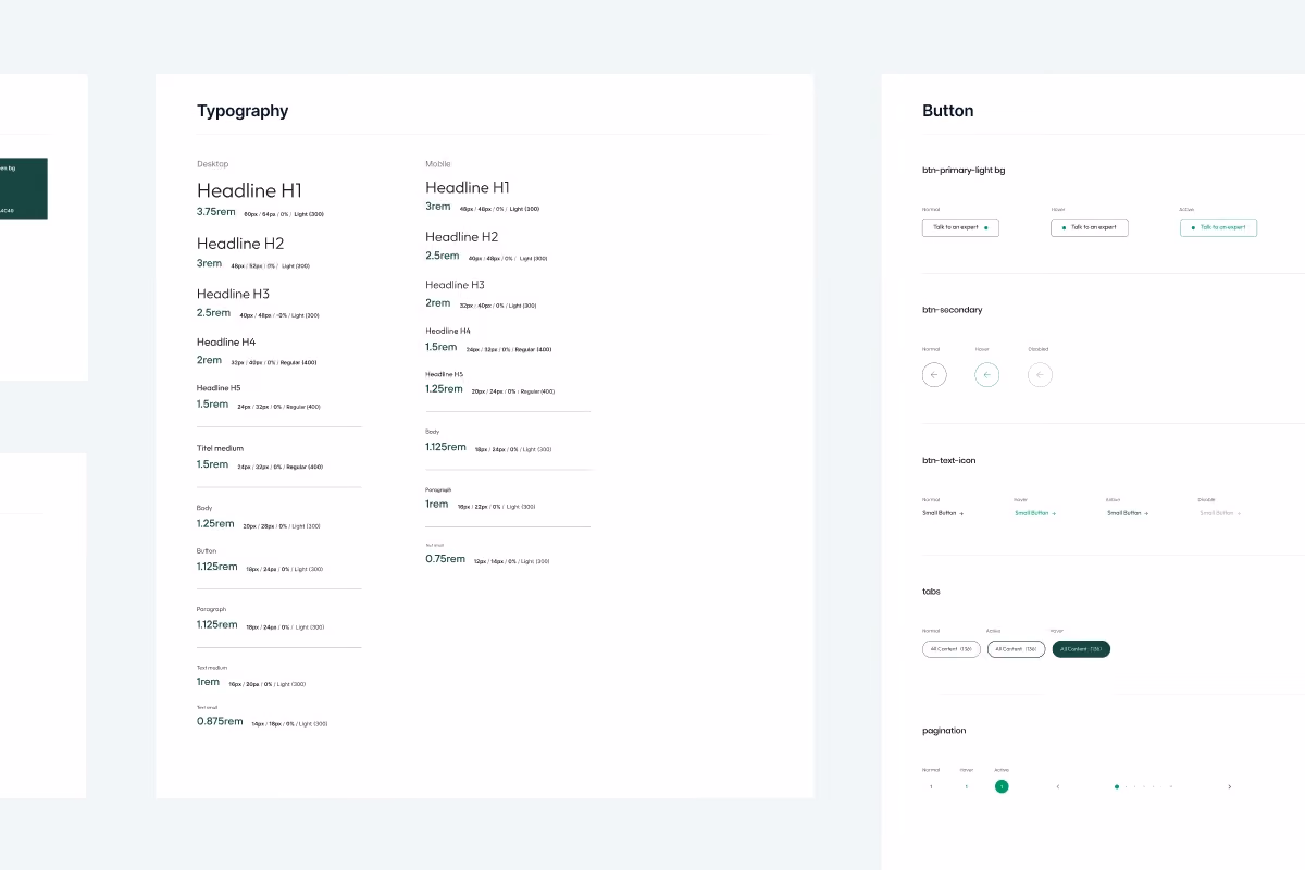 UI typography and button styles for a design system, showing headings, body text, and interactive elements in desktop and mobile formats.