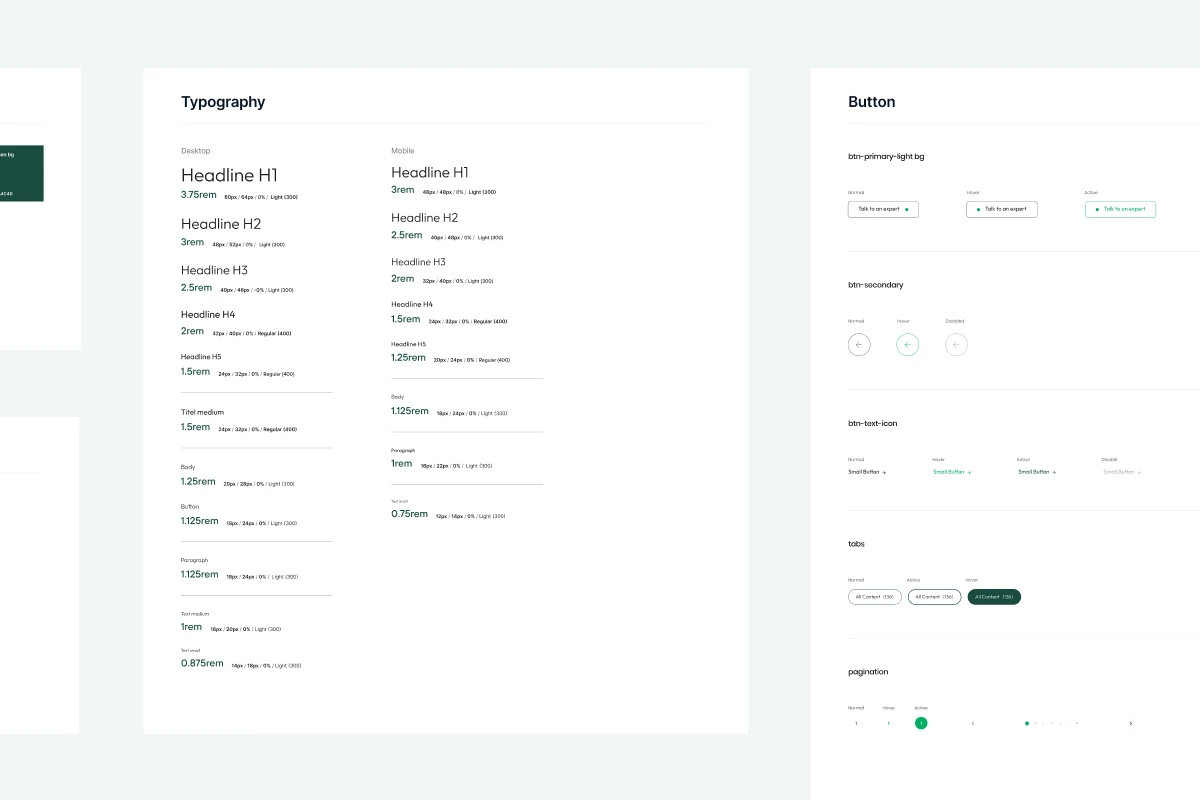 UI typography and button styles for a design system, showing headings, body text, and interactive elements in desktop and mobile formats.