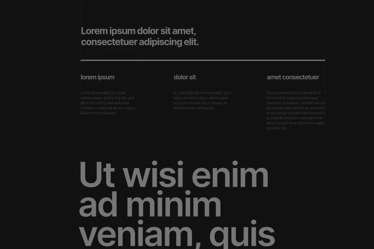 Dark-themed grid layout with large sans-serif text and multiple columns of placeholder content.