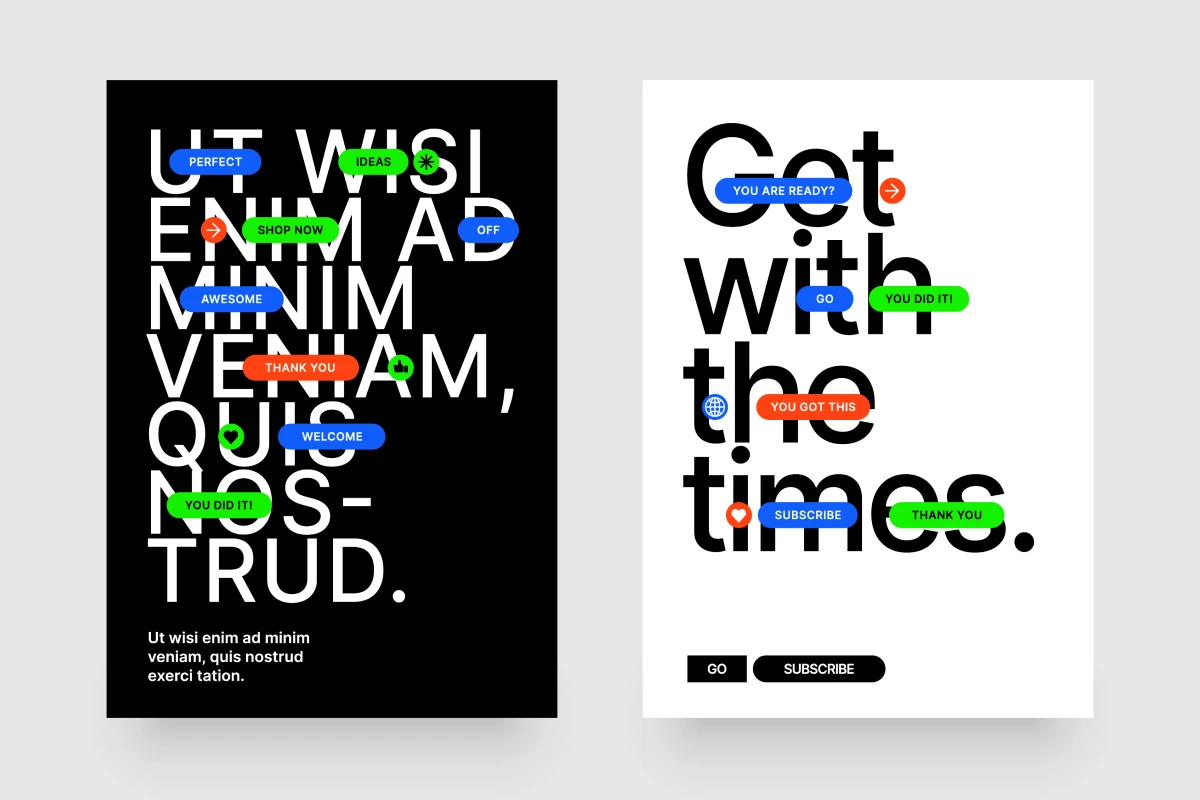 Poster-style layout with large typography and colorful sticky note-style UI buttons containing words like "SUBSCRIBE", "THANK YOU", and "GO".