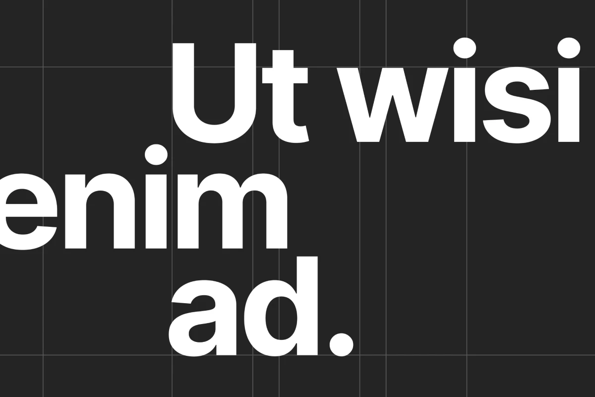 Grid-based design with bold white sans-serif text "Ut wisi enim ad" on a dark background.
