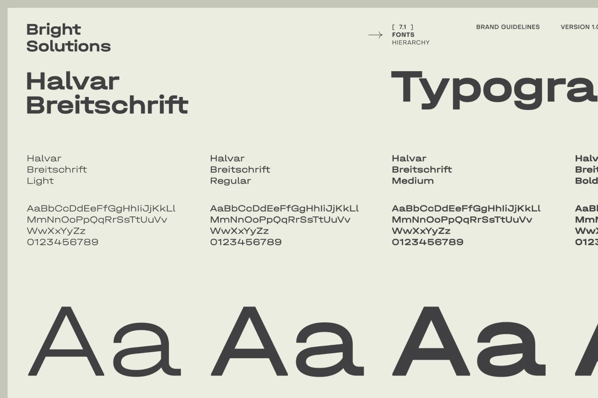 ypography sheet for the Halvar Breitschrift font family showing four weights—light to bold—along with alphabet and number samples.