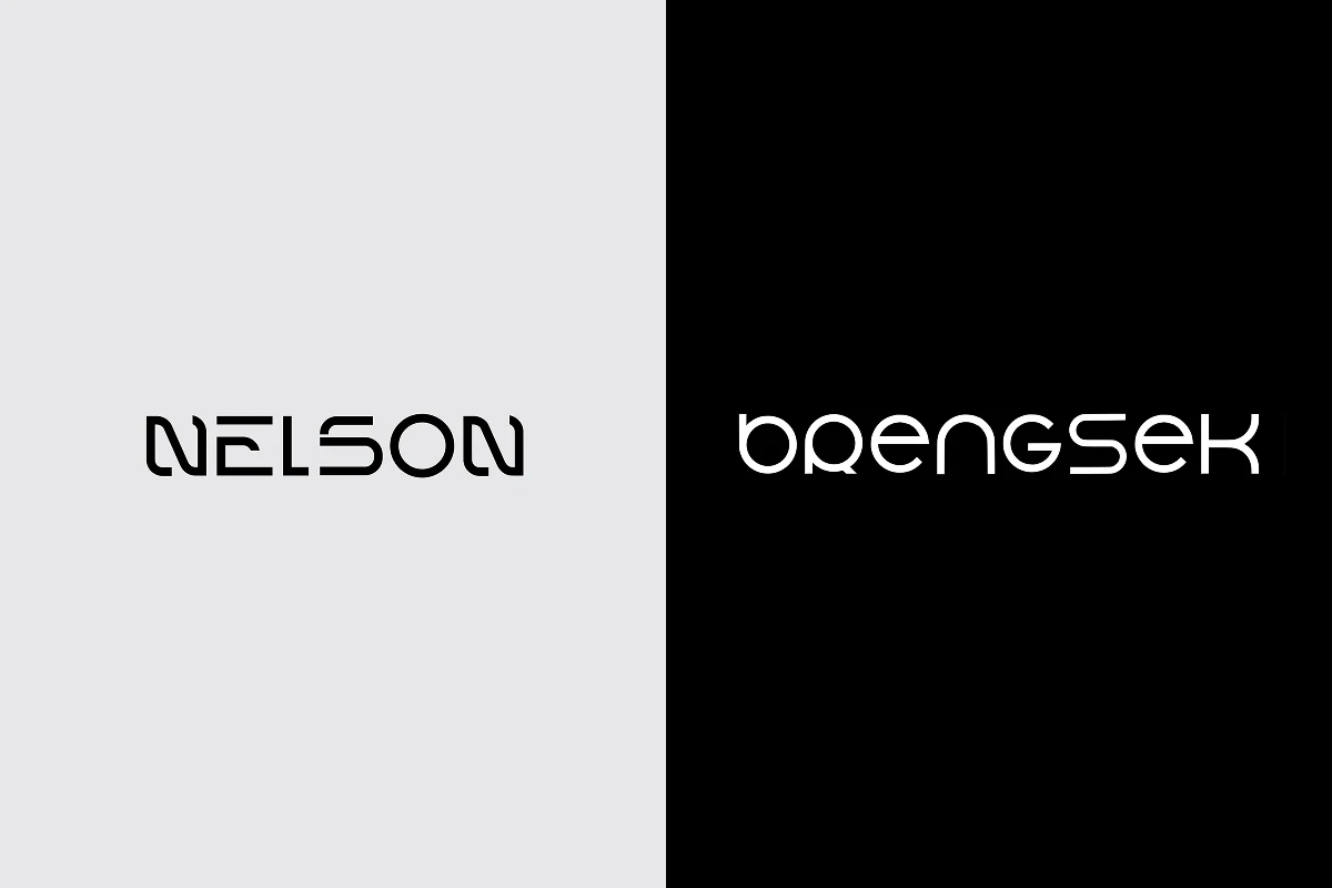 Two futuristic logotypes—NELSON and BRENGSEK—presented in contrasting black and white backgrounds with custom letterforms.