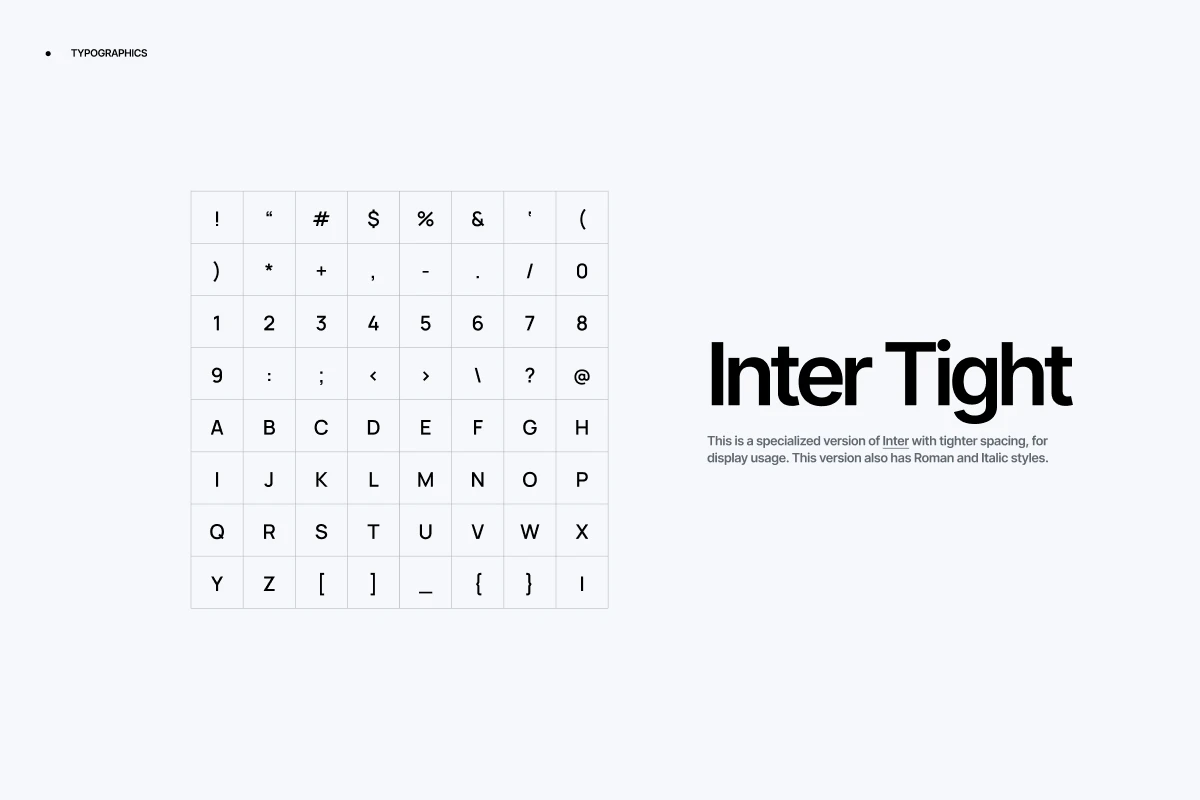 Grid of typographic characters and symbols accompanied by "Inter Tight" font display sample and brief description.