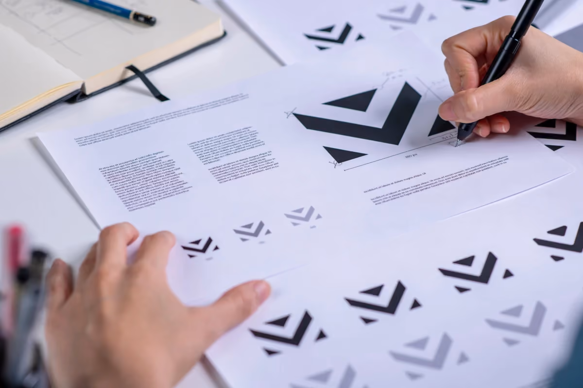 Designer marking specifications on a printed brand guideline document with geometric logo variants.