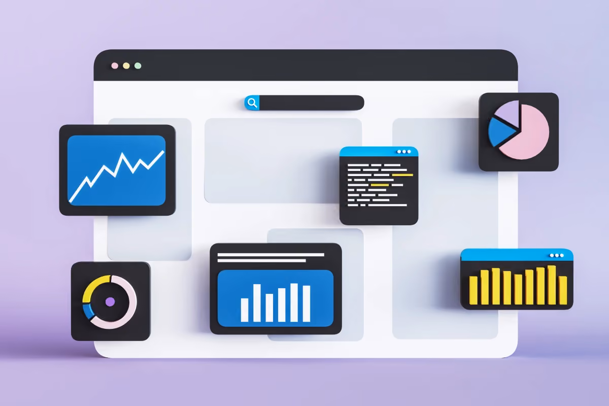 3D illustration of a web dashboard interface with floating analytics charts, graphs, and code snippets.