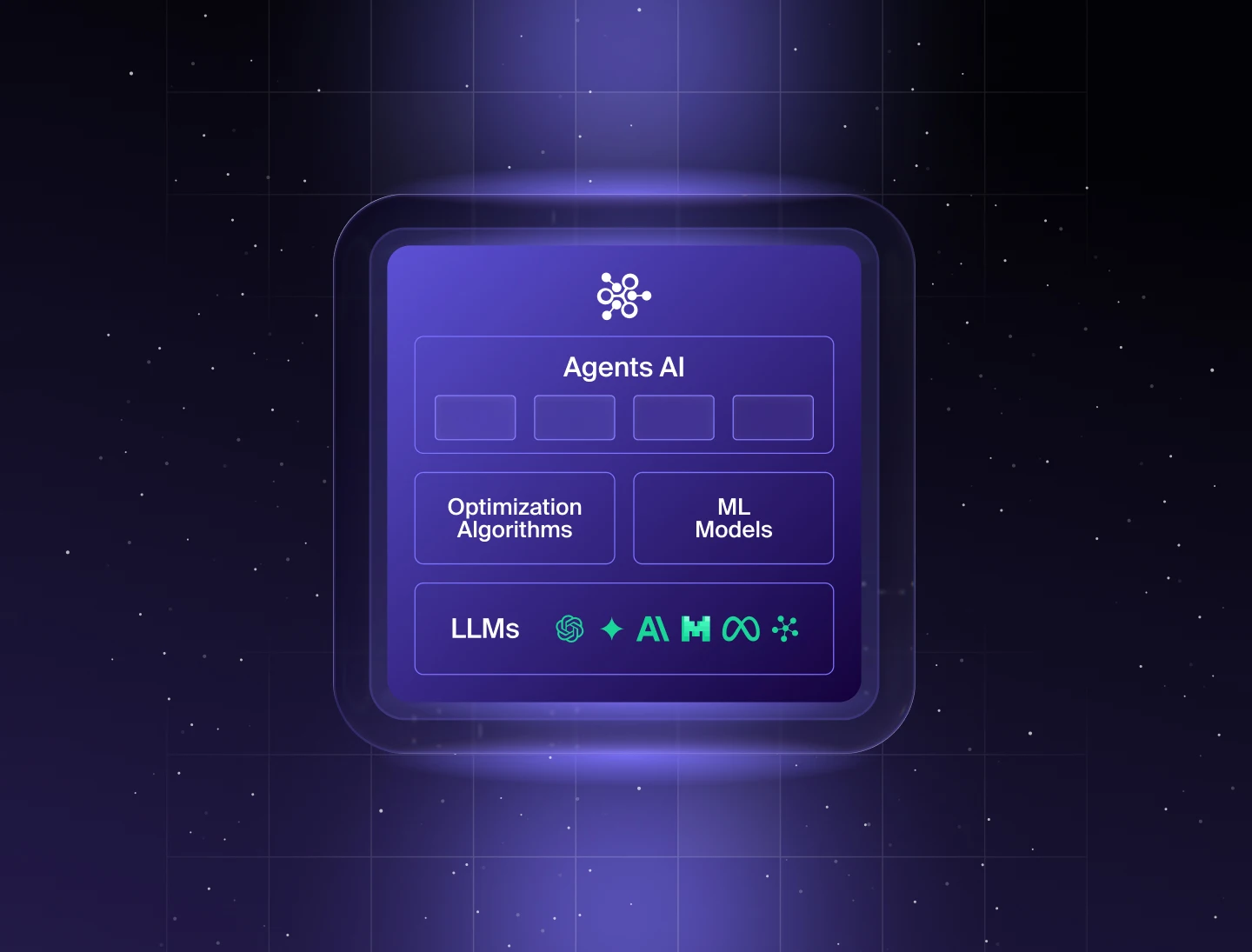 Futuristic purple-toned illustration visualizes TurinTech’s AI agent architecture, with labeled blocks for optimization algorithms, ML models, and LLMs including OpenAI, Meta, and Anthropic.