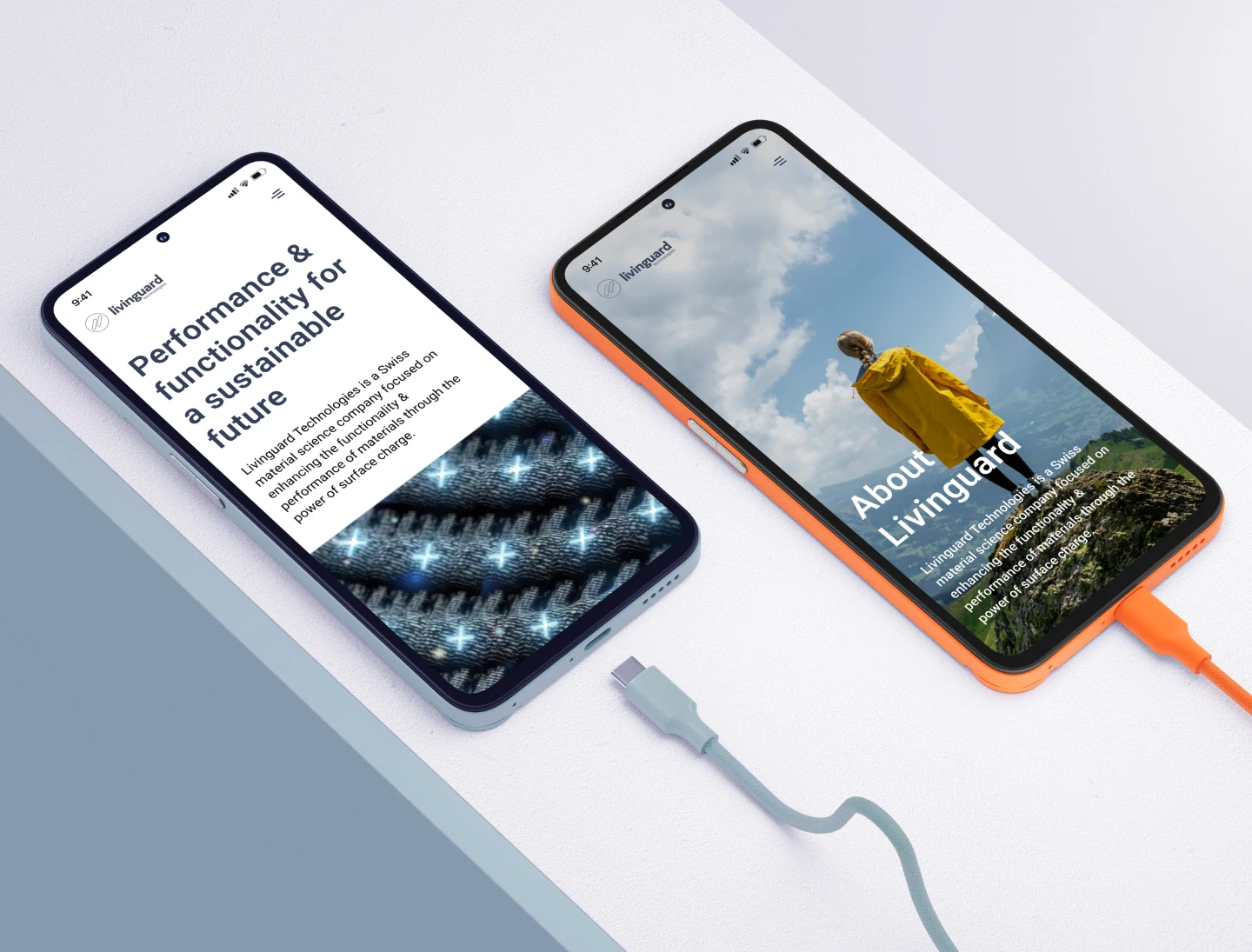 Two smartphones with USB-C cables show Livinguard's website on screen—one featuring fabric texture, the other showing a woman in a yellow raincoat standing on a mountain. Clean, minimal mobile UI design focused on sustainability messaging.