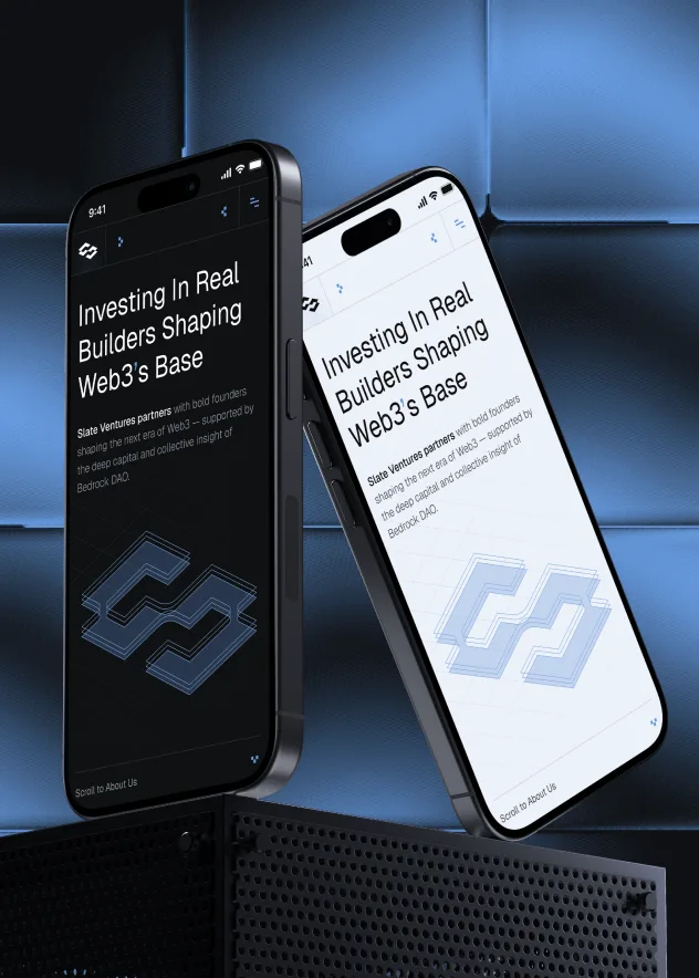 Two smartphones showing Slate Ventures' Web3-focused homepage in dark and light modes, highlighting blockchain-based investment visuals.