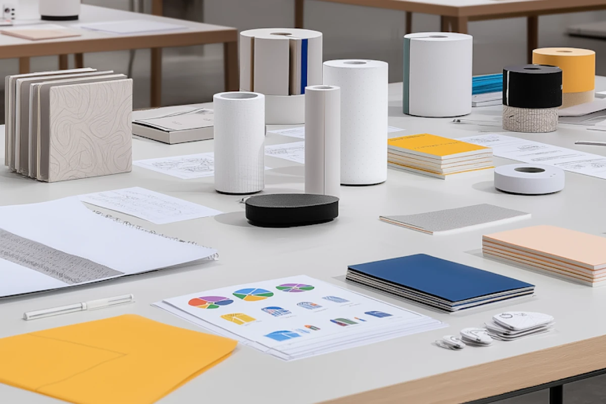 A minimal workspace setup with printed design samples, color swatches, notebooks, and cylindrical packaging elements neatly arranged on a white table.