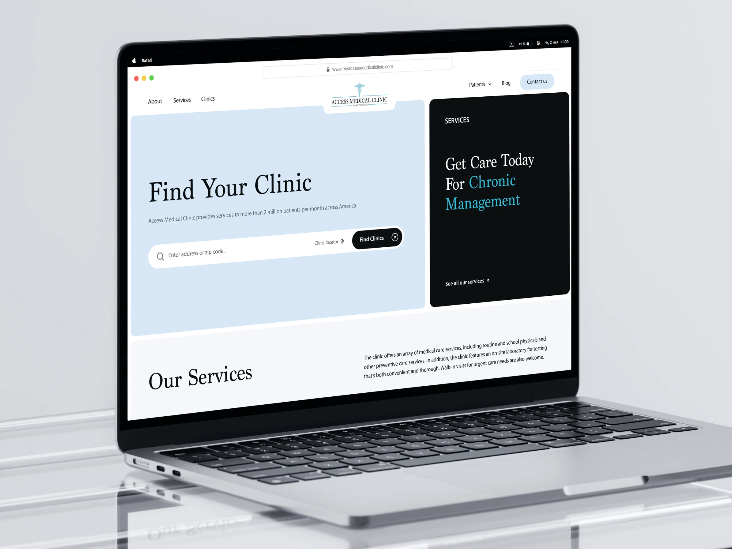Healthcare clinic website interface on a laptop with a clinic finder and services overview.