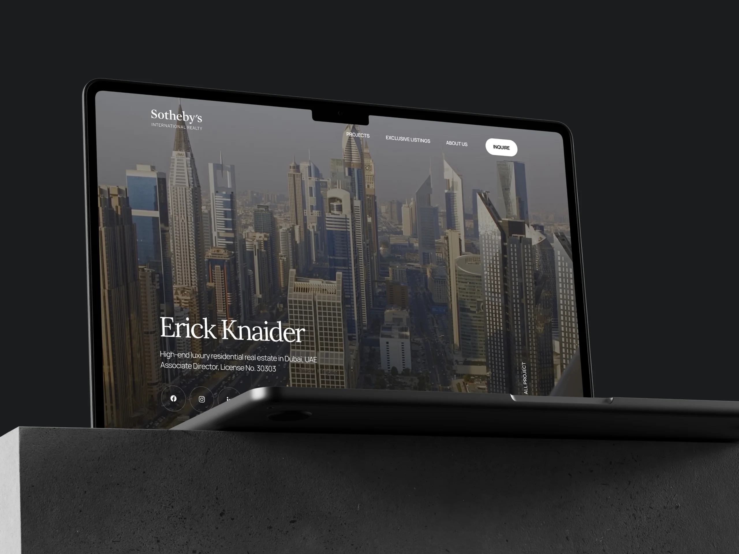 Luxury real estate agent website on tablet with Dubai skyline in the background.