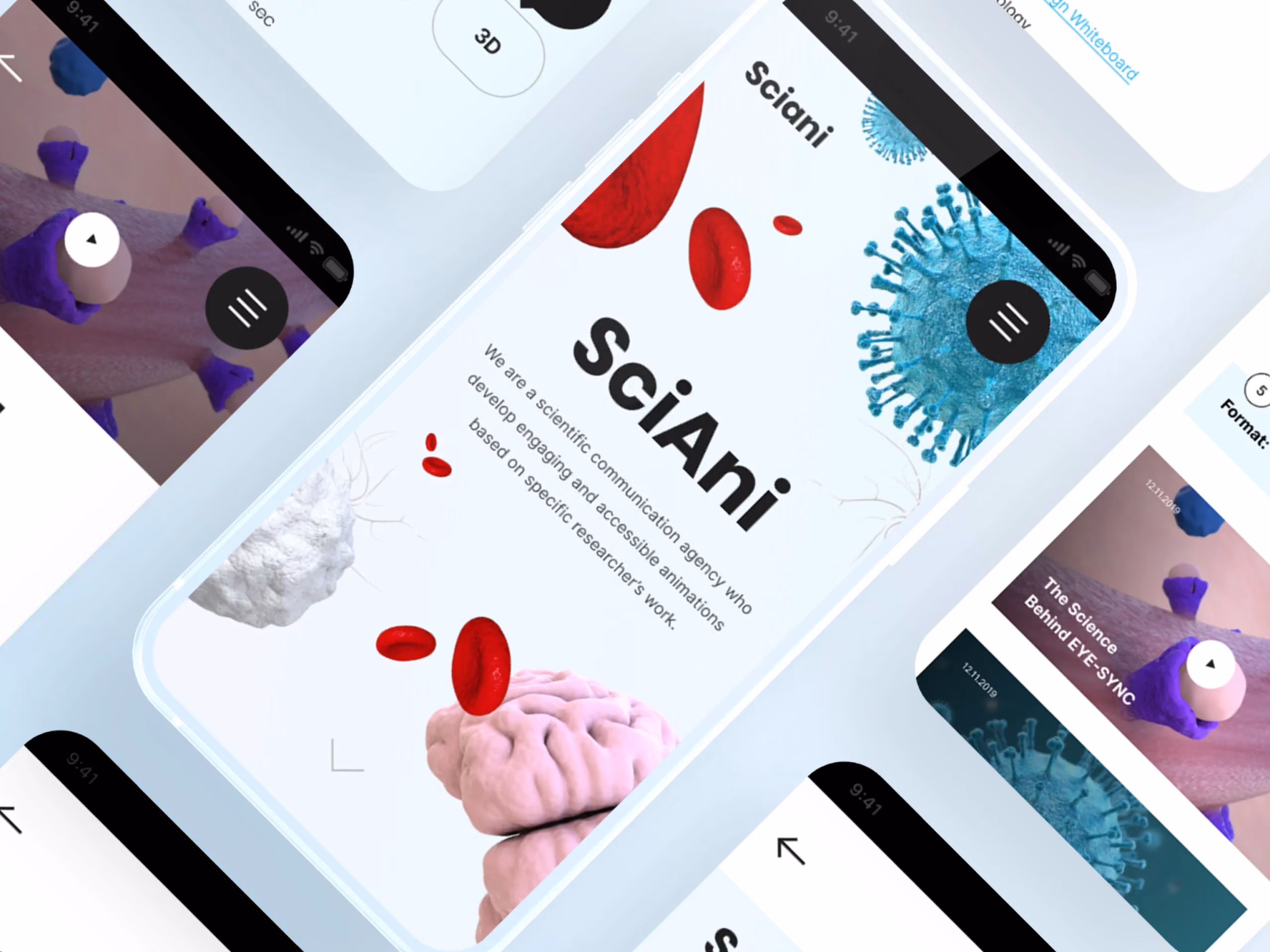 Scientific animation agency’s mobile site design featuring virus and blood cell 3D models.