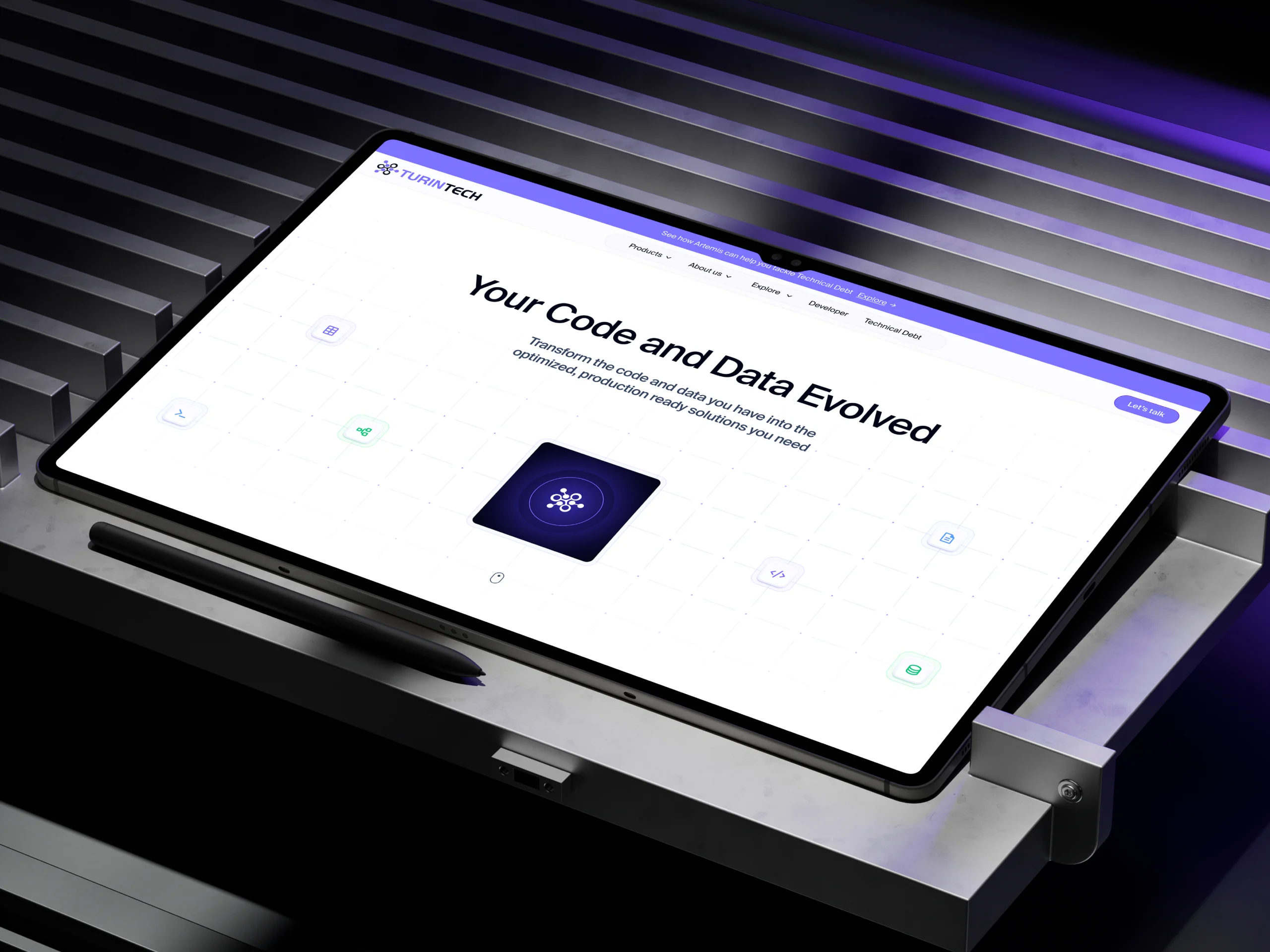 Modern IT company website on tablet showcasing data and code optimization services with purple lighting.