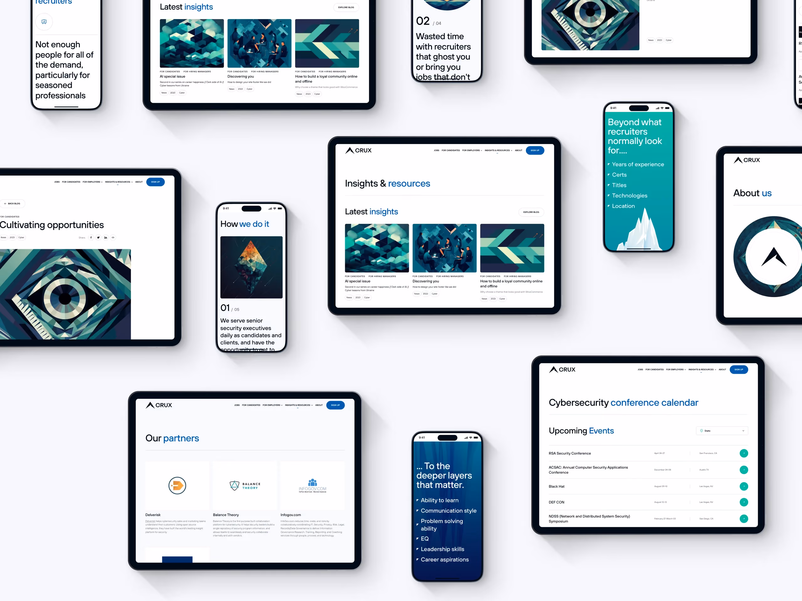Recruitment platform website layout on multiple devices, emphasizing insights and cybersecurity events.