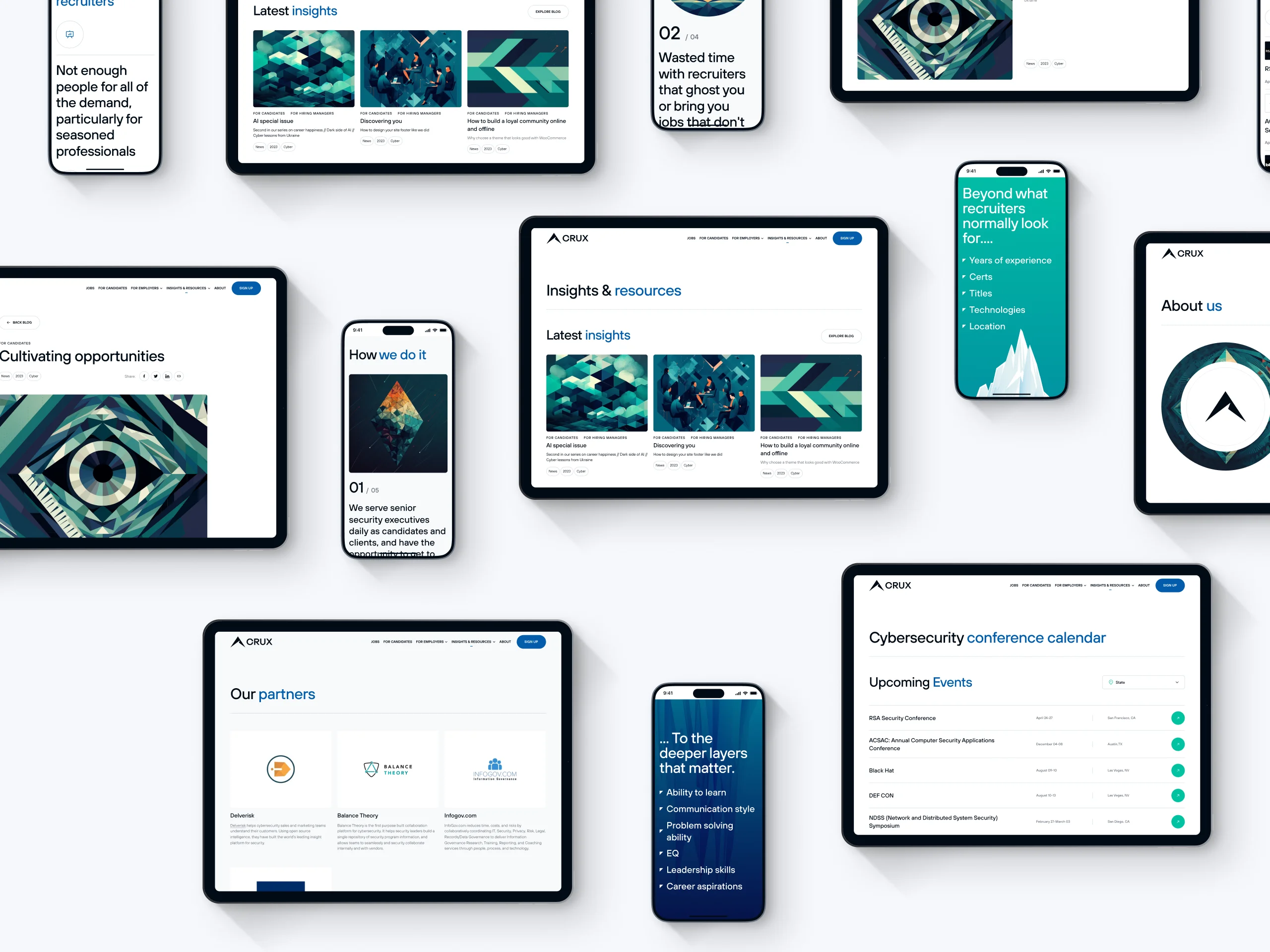 Recruitment platform website layout on multiple devices, emphasizing insights and cybersecurity events.