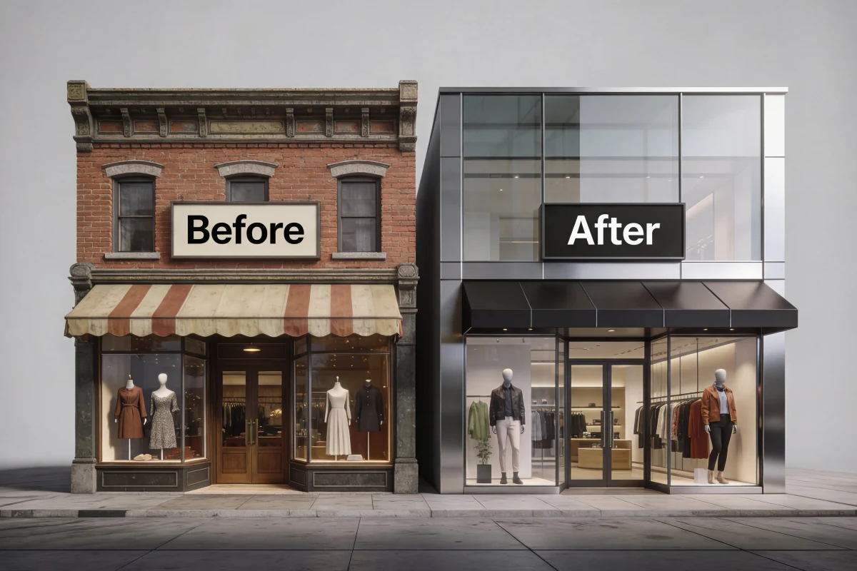 Comparison of old and modernized storefronts labeled Before and After