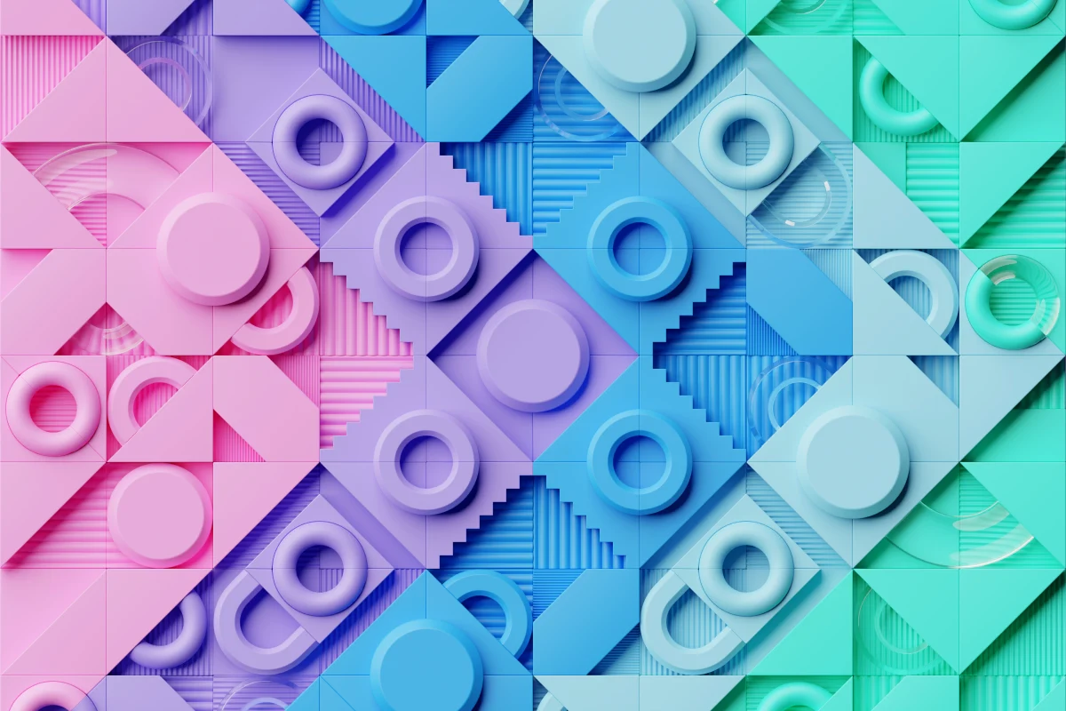 Abstract 3D mosaic of pastel-colored geometric blocks