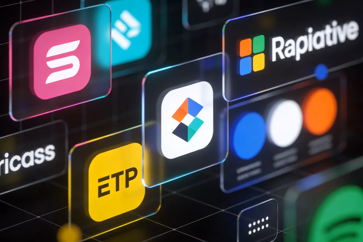 Interface with brand icons on transparent glass panels, including logos of Rapivative, ETP, and Ricass