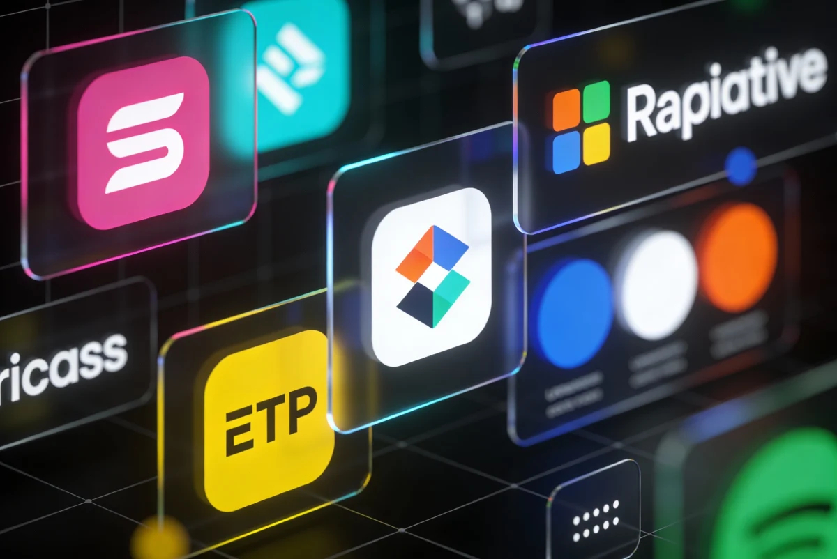 Interface with brand icons on transparent glass panels, including logos of Rapivative, ETP, and Ricass