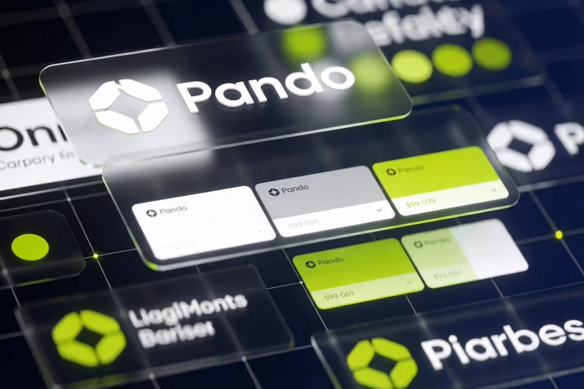 Digital UI concept for Pando brand, featuring glassmorphic interface elements, pricing cards, and neon green highlights on a dark grid background.