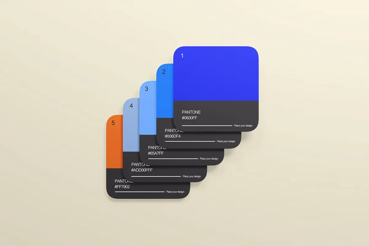 Stacked Pantone color cards showing blue and orange shades arranged in a cascading layout.