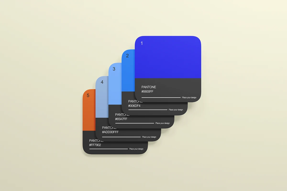 Stacked Pantone color cards showing blue and orange shades arranged in a cascading layout.