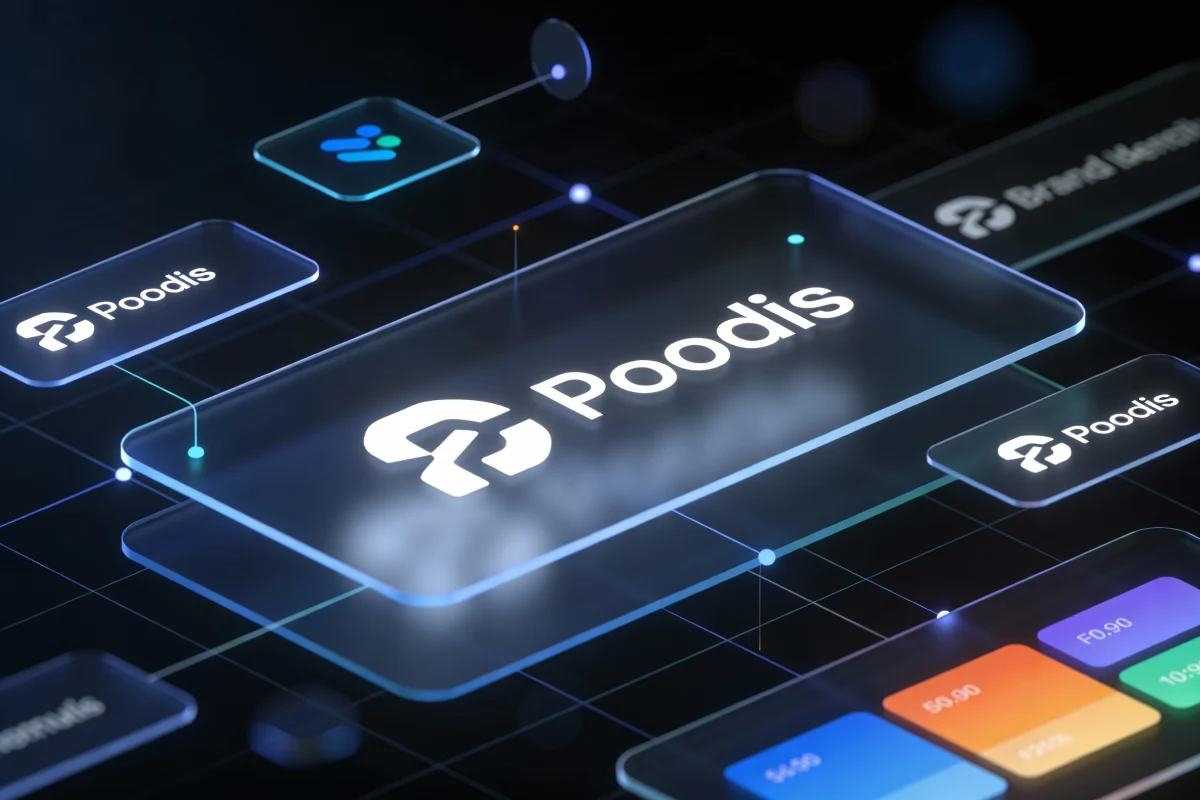 Abstract 3D visualization of a digital platform interface featuring the Poodis logo and connected UI elements.