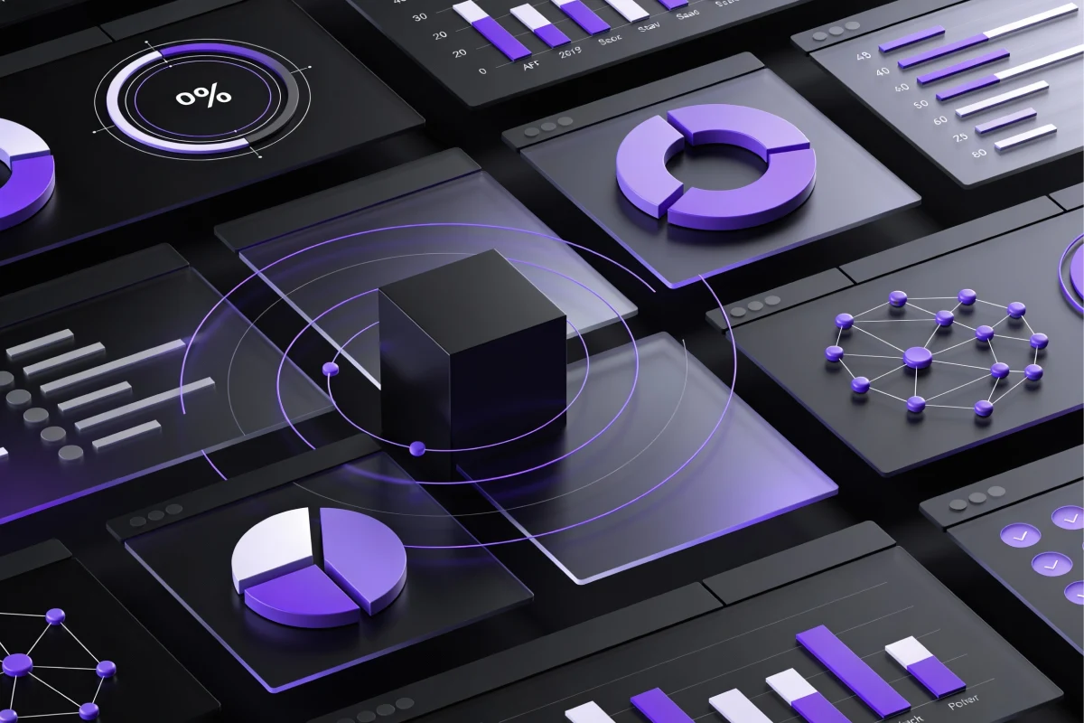 Abstract 3D dashboard interface with charts, graphs, and data widgets arranged on dark panels.