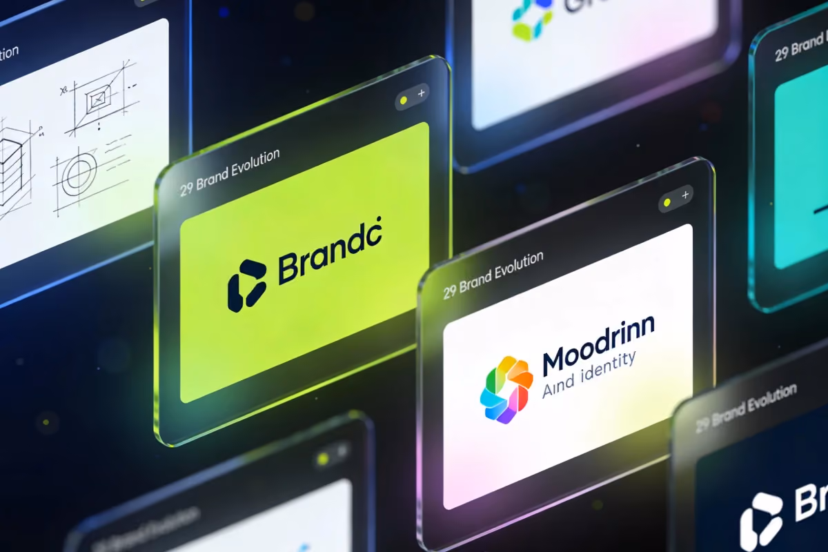 Floating interface cards showcasing brand evolution concepts, logos, and identity systems in a futuristic digital environment.