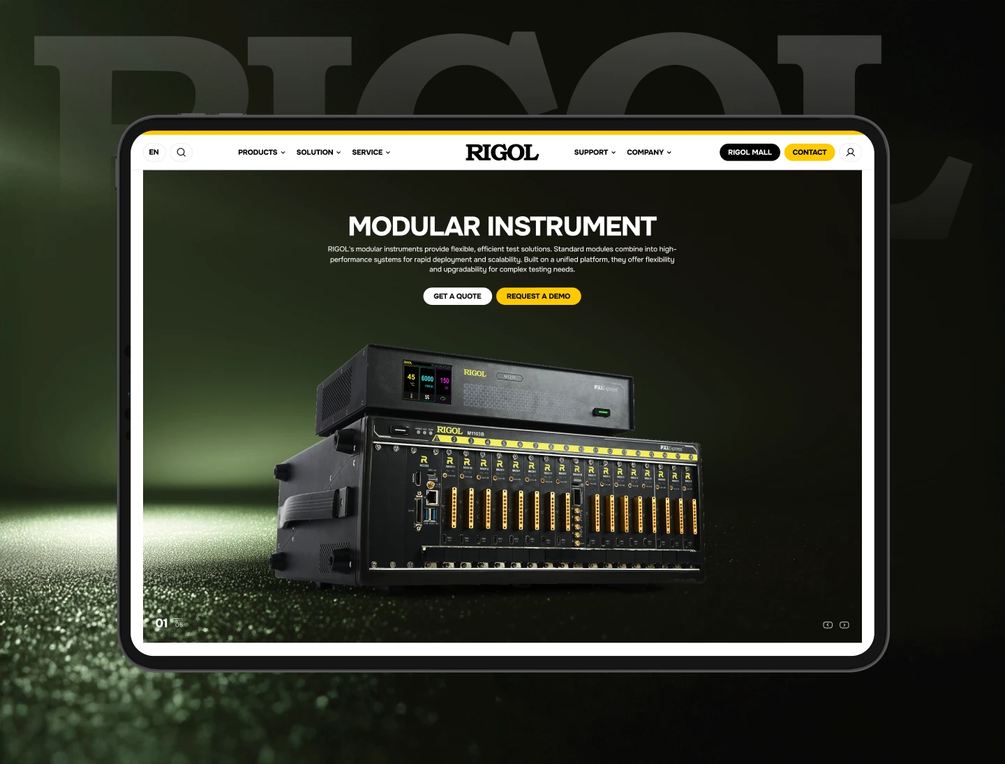 Website interface showcasing Rigol's modular instrument system, featuring high-performance testing hardware with yellow-black branding, displayed on a tablet with a dark green gradient background.