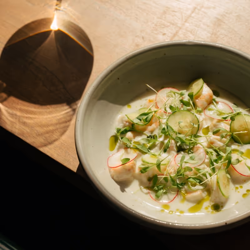 Close-up of a bowl of fresh ceviche garnished with cucumber slices, radishes, and microgreens, with a glass of wine casting a soft shadow on the wooden table beside it.