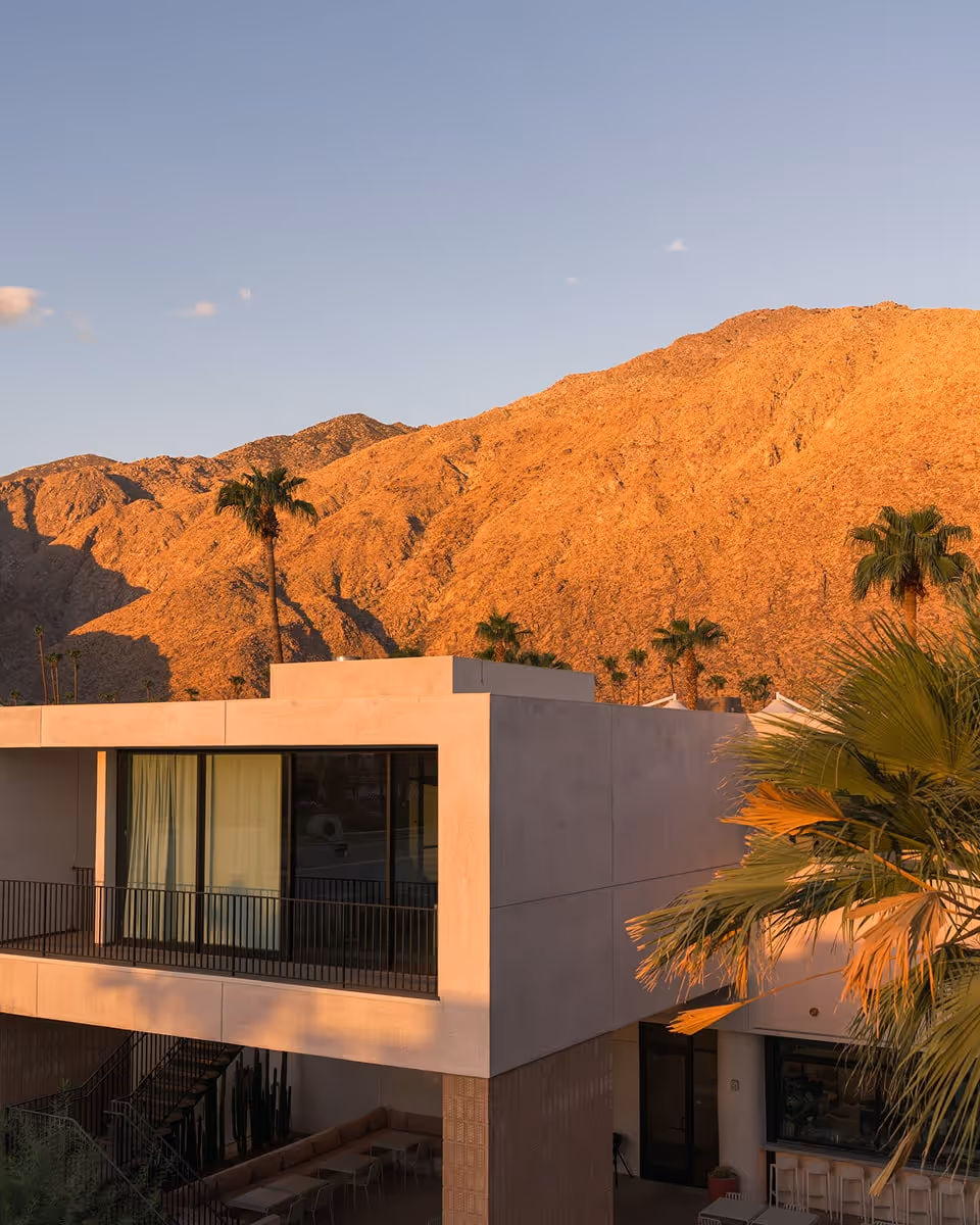  Interior of a modern room with a large window view of palm trees and distant mountains.