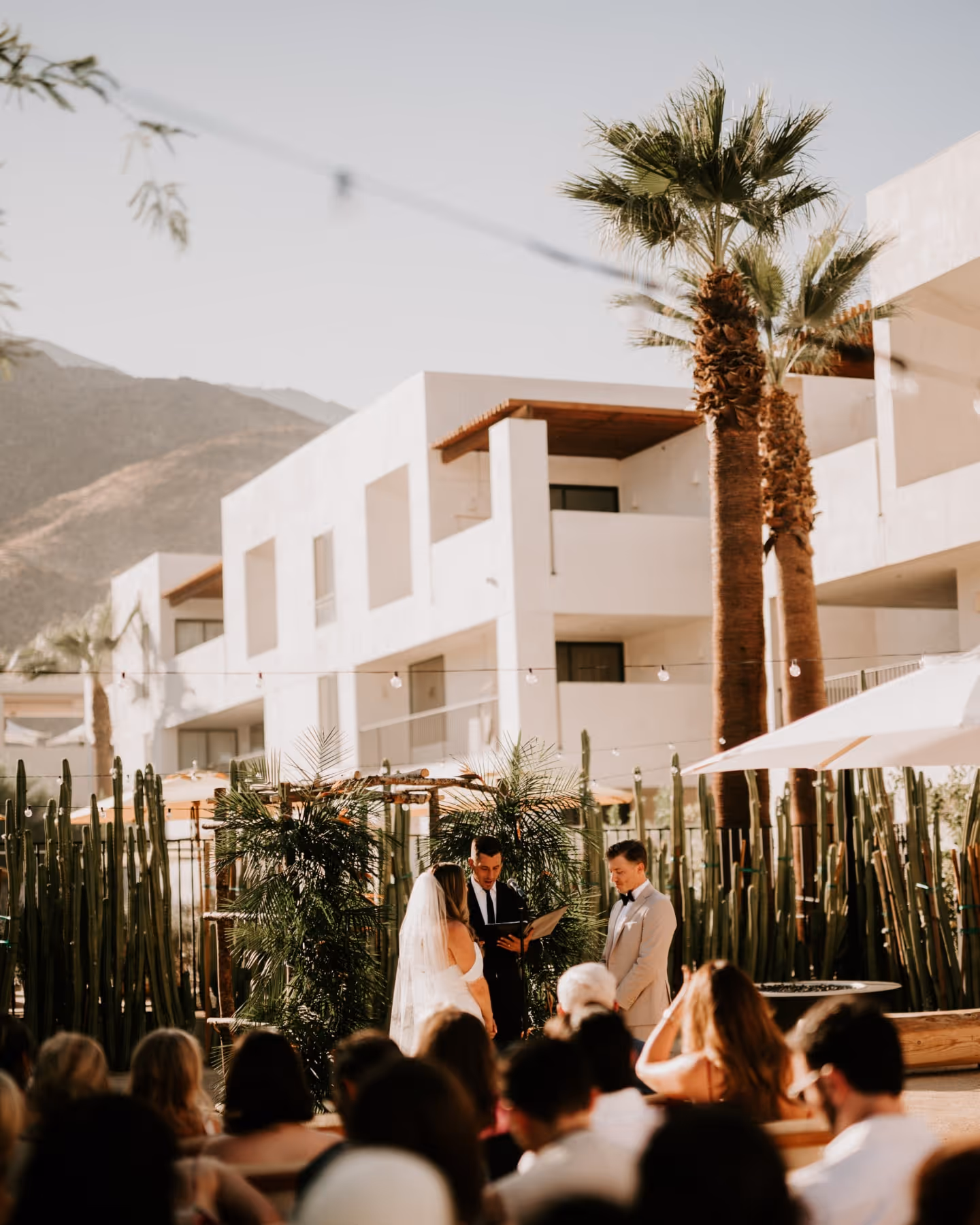 Outdoor wedding ceremony with a bride and groom standing under a cactus-lined altar, surrounded by guests and modern white buildings in a desert setting.