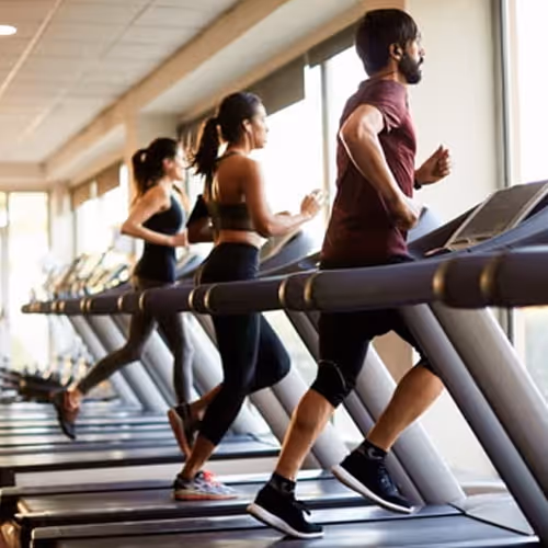 People running on treadmills in a modern gym with large windows and natural light.
