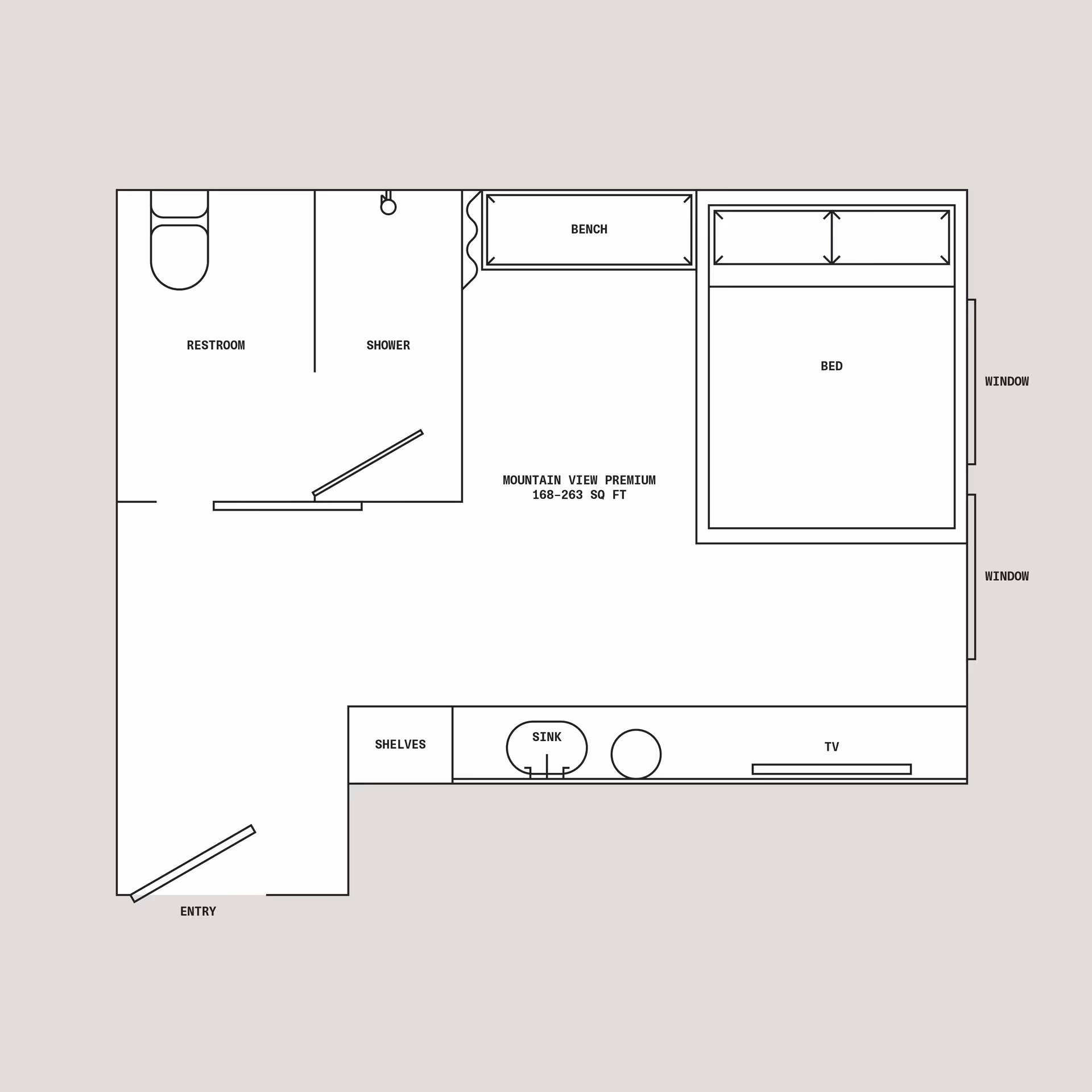 Floor plan of a “State Street View Premium” room (212–263 sq ft) with central bed between window benches, bathroom with bathtub and restroom to the right, and shelves, TV, and sink along the lower wall near the entry.