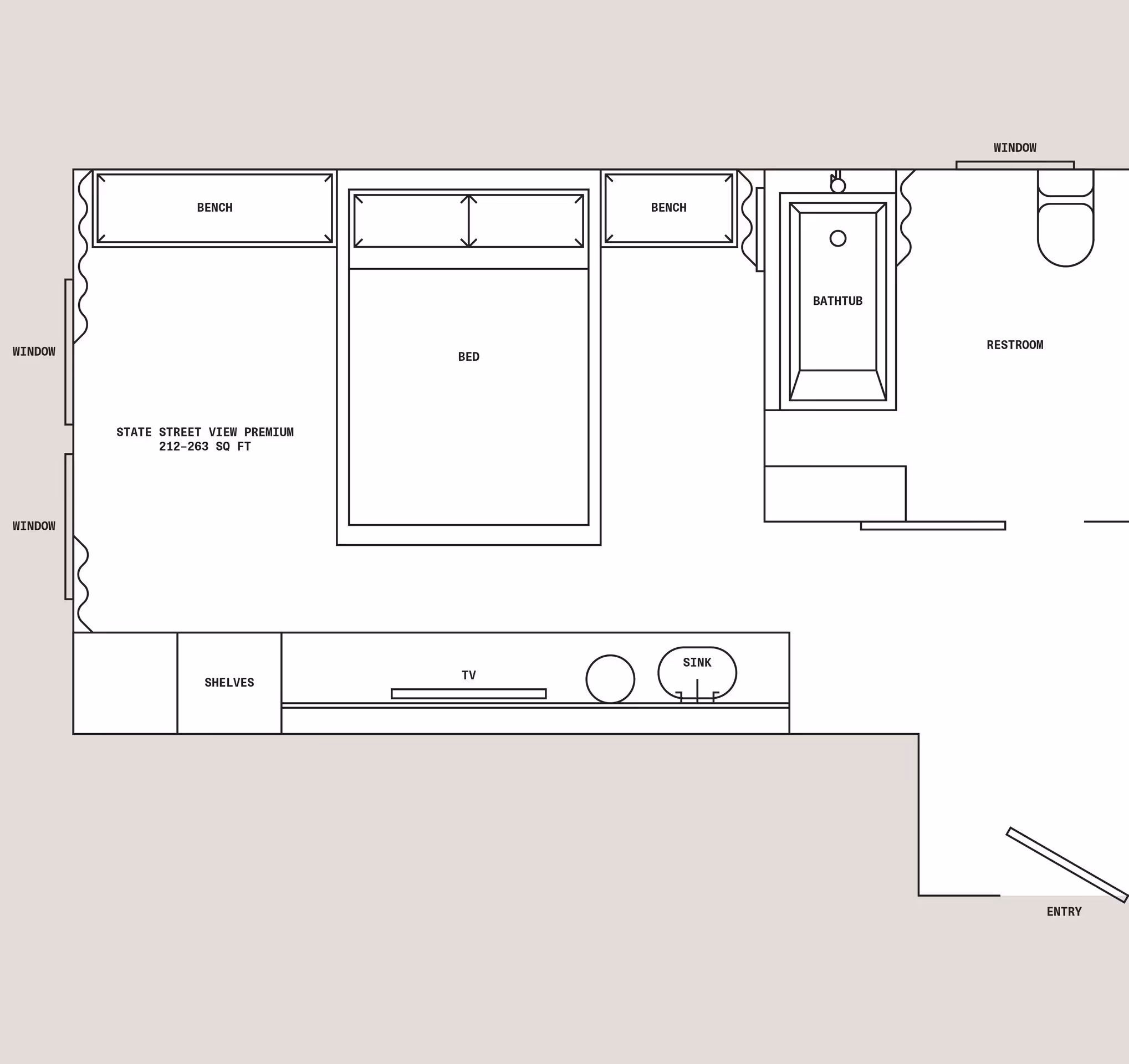 Floor plan of a “Mountain View Premium” room (168–263 sq ft) with bed by double windows, bench near shower and restroom, and entry leading past sink, shelves, and TV.