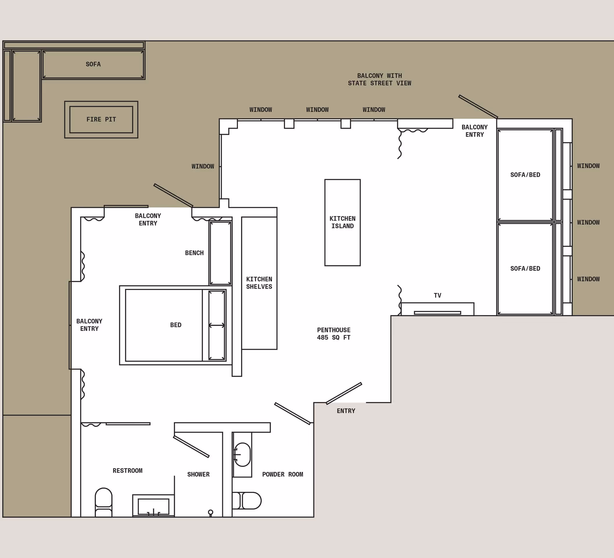 Floor plan of a 485 sq ft penthouse with bedroom and balcony, open kitchen with island, living area with sofa beds and TV, separate restroom, shower, powder room, and large terrace with sofa and fire pit.