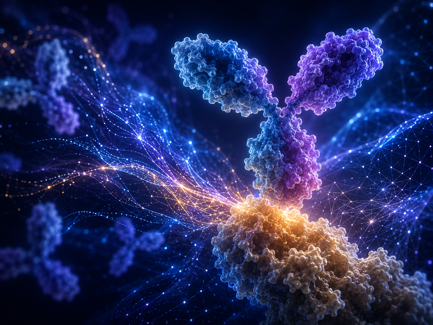 3D illustration of a glowing antibody molecule connecting with an antigen structure amid digital grid lines.