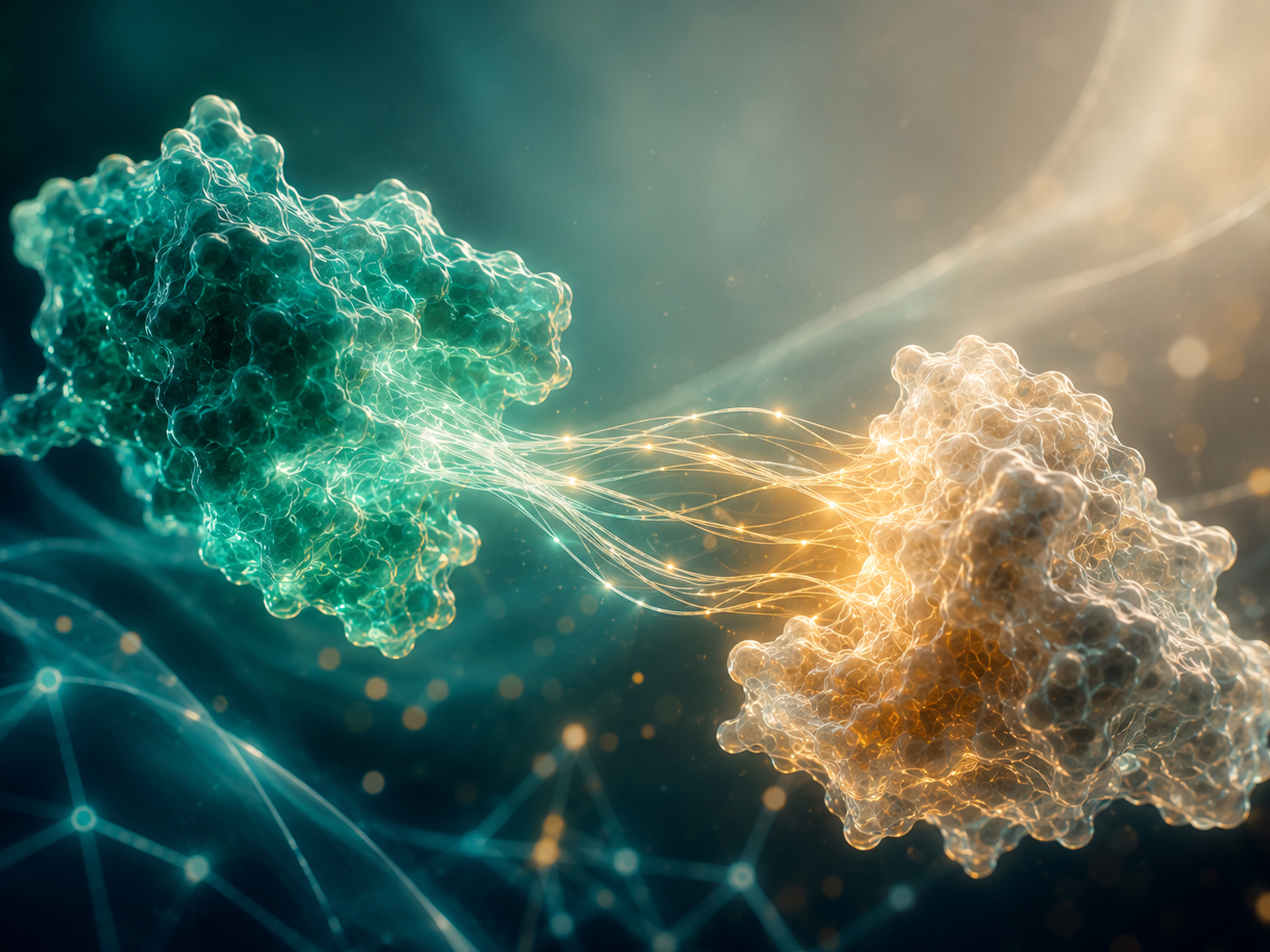 Visualization of two protein structures connected by glowing interaction strands against a dark background.