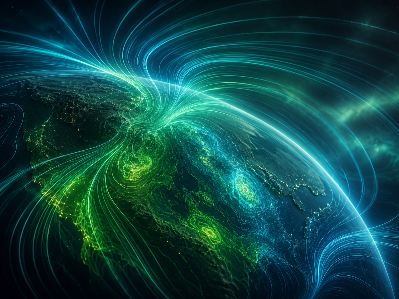 Glowing green and blue magnetic field lines flow over Earth's surface viewed from space at night.