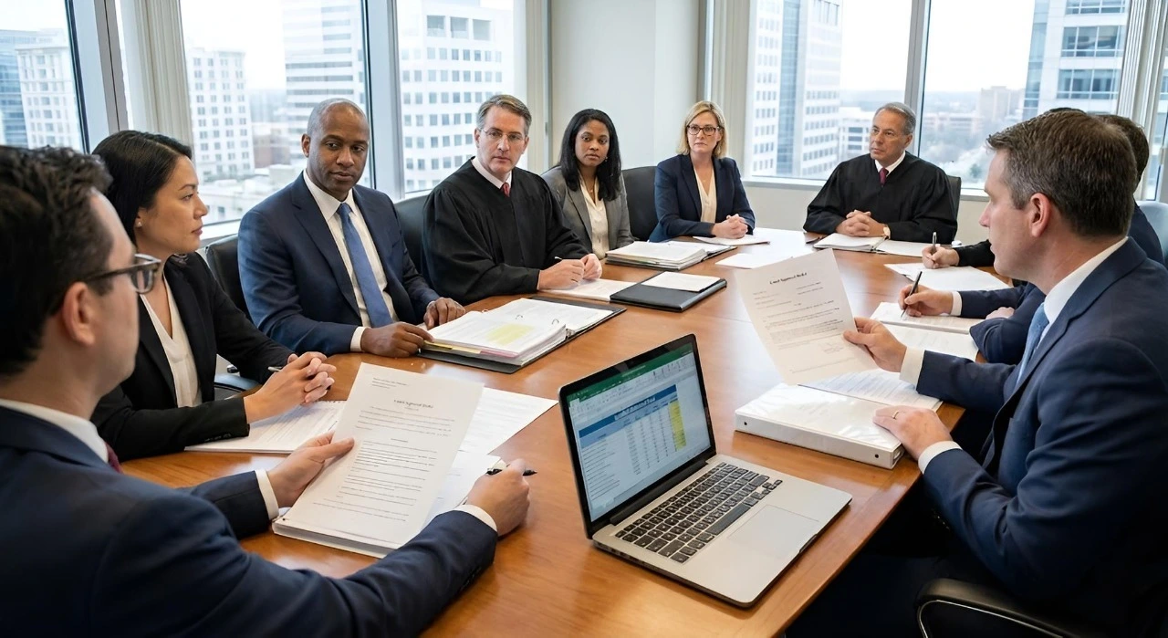 A team of workers is gathered around a table all looking at a sheet of paper together